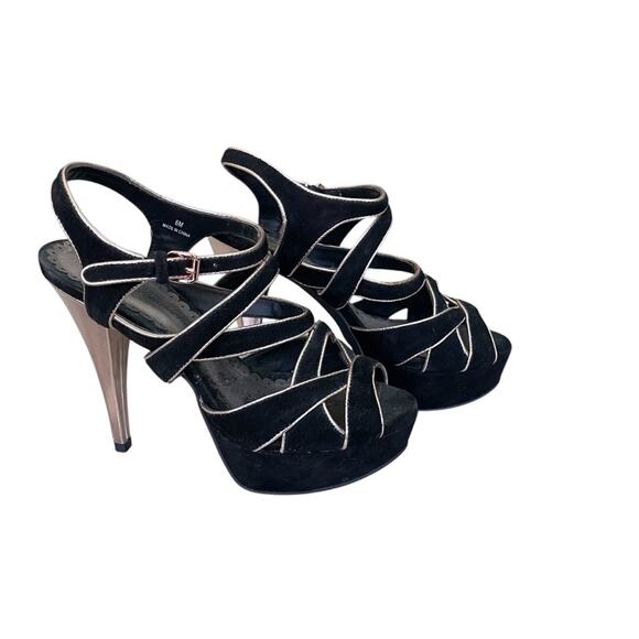 Lulu Townsend High Heeled Faux Suede Strappy Platform Sandals Black Gold 6 M - Picture 2 of 8